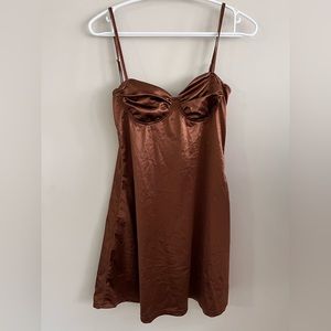 Brown silk tie in back slip dress